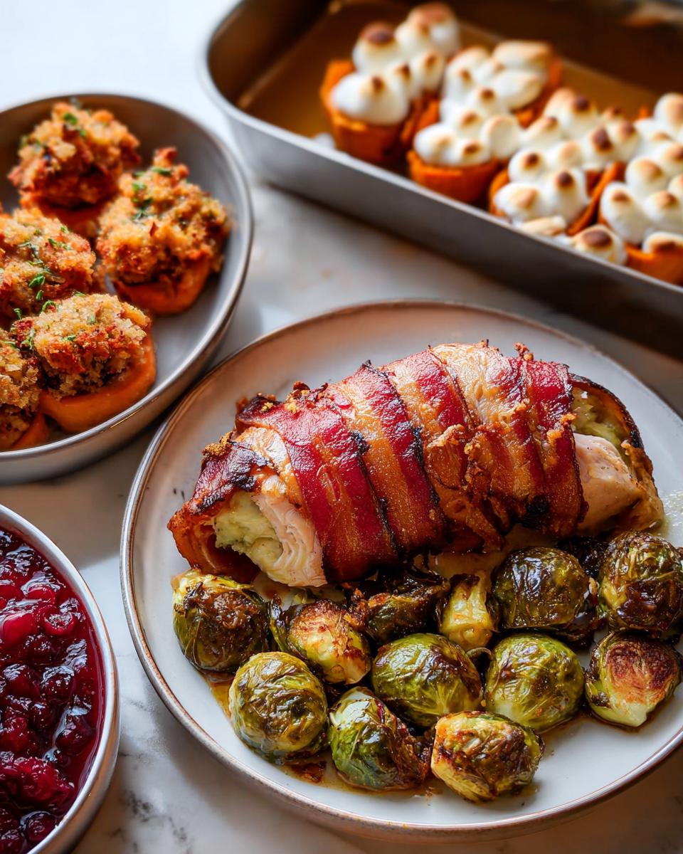 A festive one-pan Thanksgiving meal featuring a bacon-wrapped turkey breast, roasted Brussels sprouts, and cranberry sauce.