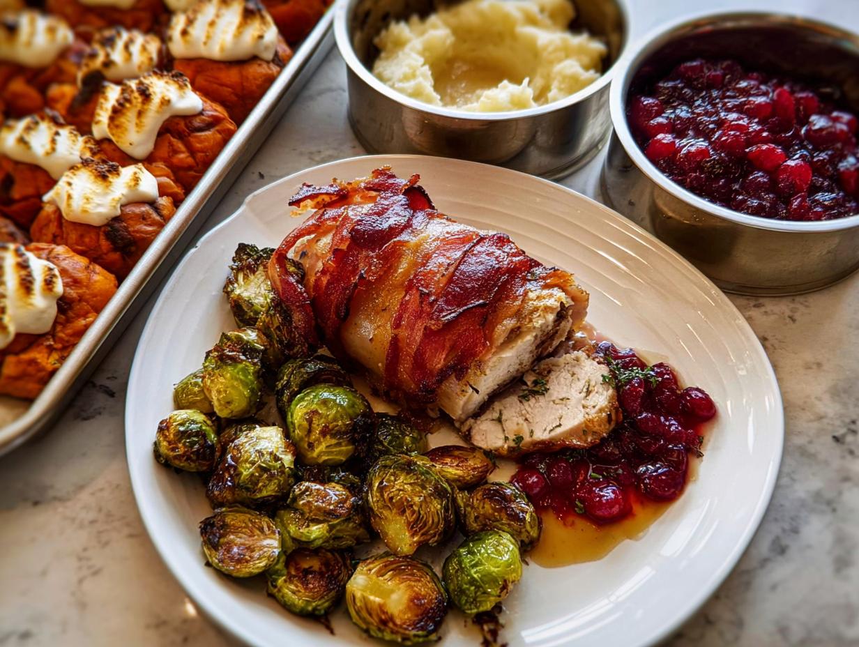 A festive plate featuring a turkey breast wrapped in bacon, served with roasted Brussels sprouts, cranberry sauce, and mashed potatoes, perfect for one-pan Thanksgiving salad recipes.