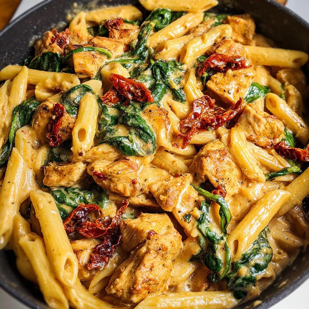 Close-up of One Pot Creamy Tuscan Chicken Pasta with penne, spinach, and sun-dried tomatoes in a rich sauce.