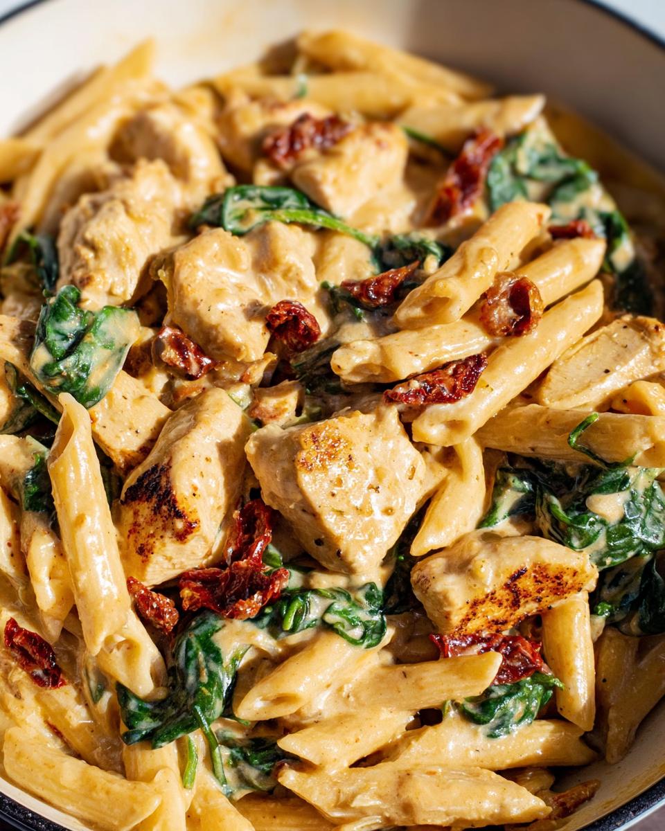 Close-up of penne pasta, chicken pieces, spinach, and sun-dried tomatoes in a creamy sauce for One Pot Creamy Tuscan Chicken Pasta Recipe.