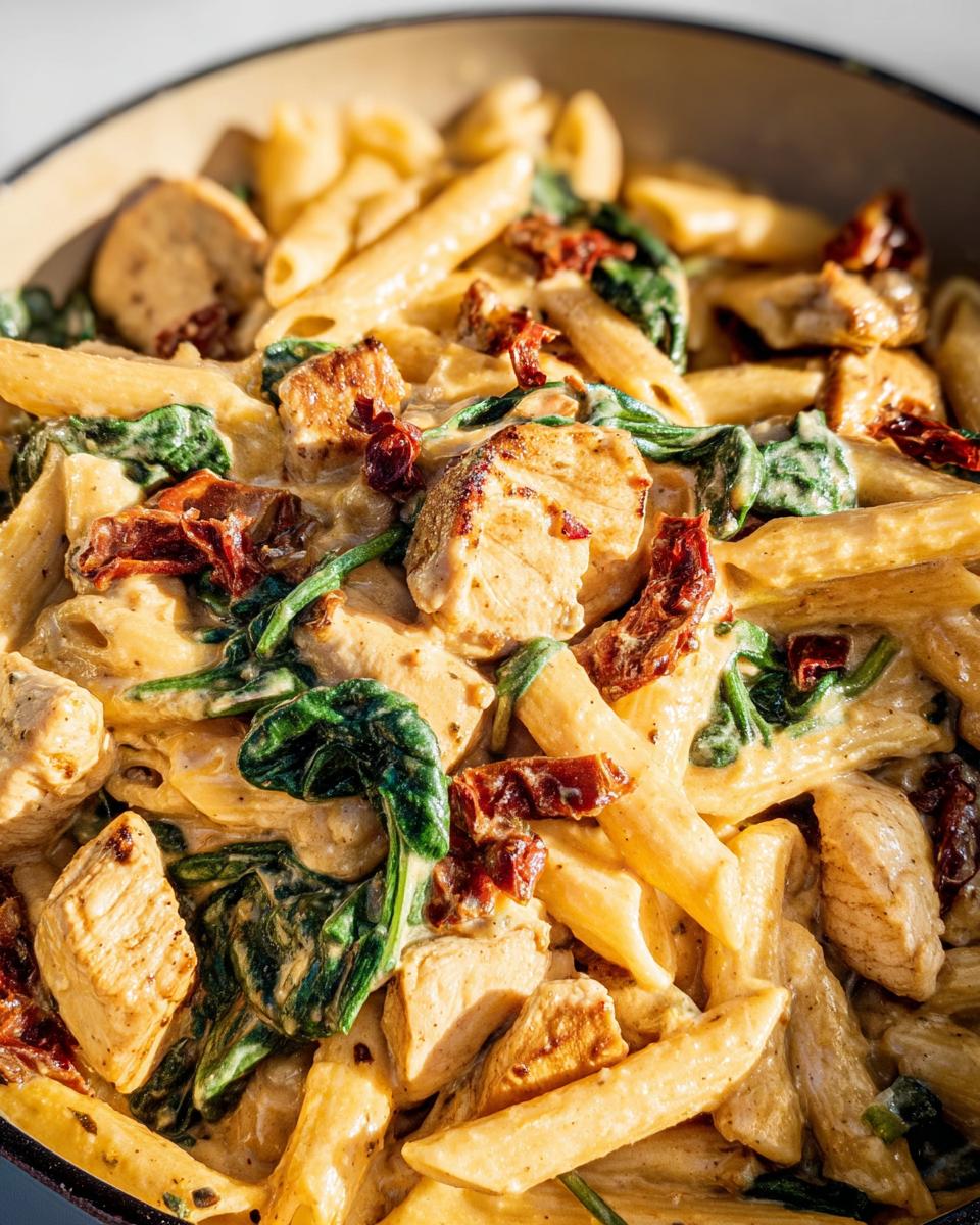 Close-up view of the finished One Pot Creamy Tuscan Chicken Pasta, featuring penne pasta, chicken chunks, spinach, and sun-dried tomatoes in a rich sauce.