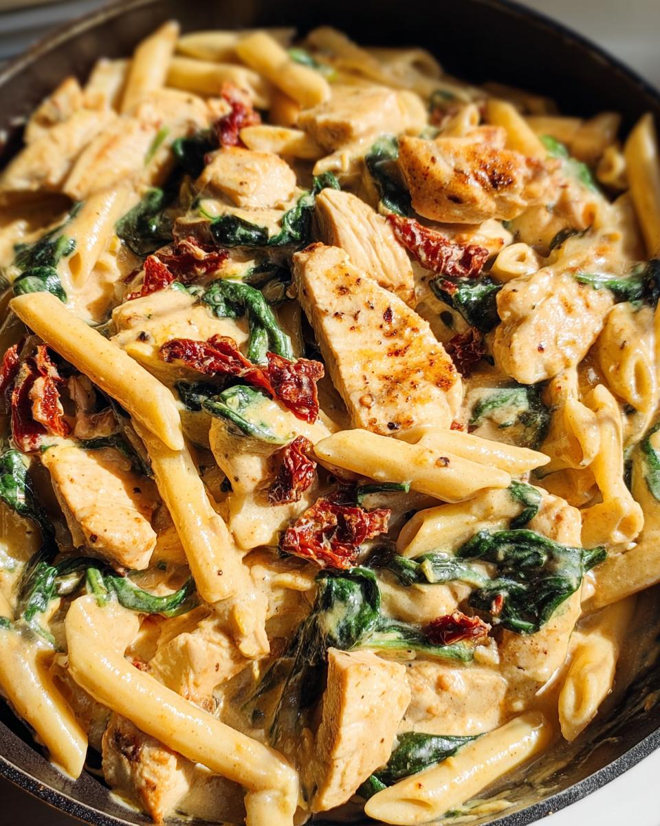 Close-up view of One Pot Creamy Tuscan Chicken Pasta featuring penne, seared chicken pieces, spinach, and sun-dried tomatoes in a rich sauce.