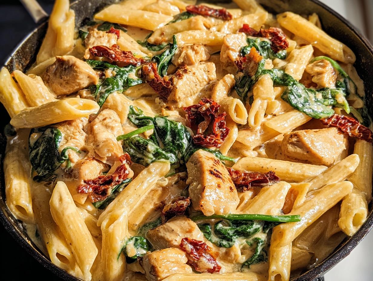 Close-up of One Pot Creamy Tuscan Chicken Pasta with penne, spinach, and sun-dried tomatoes.