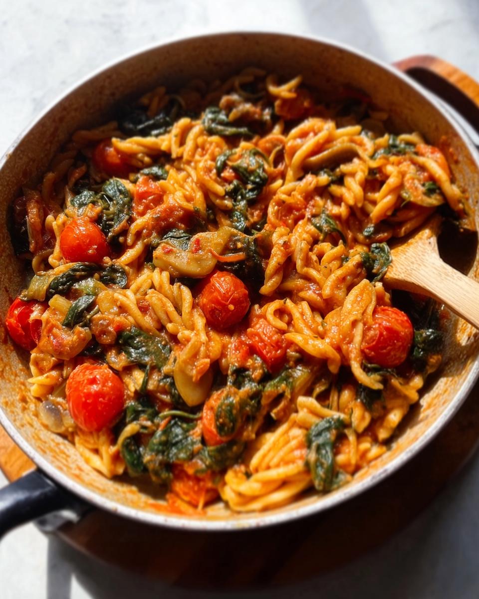 Close-up of one pot pasta magic with cherry tomatoes, spinach, and fusilli in a creamy tomato sauce.