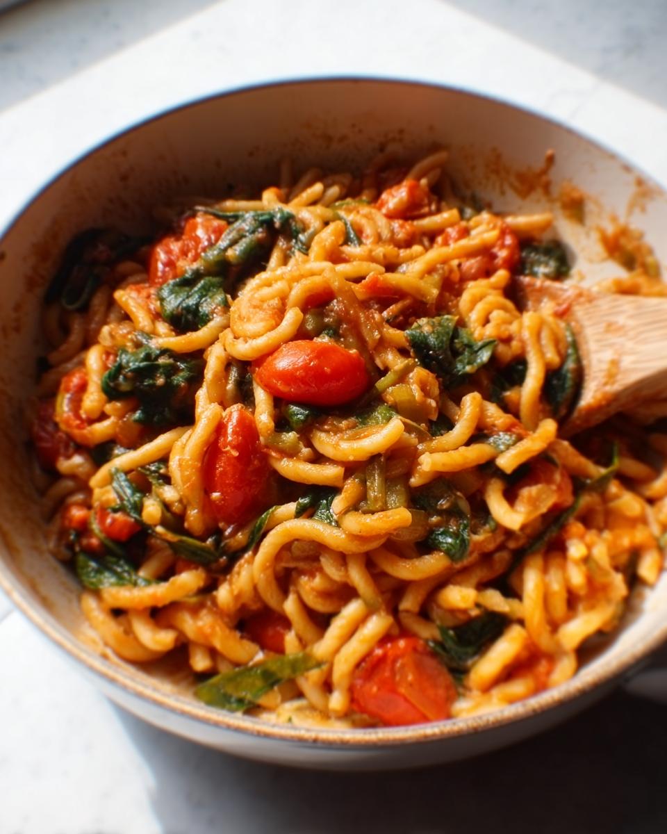 A close-up of one pot pasta magic featuring thick noodles, cherry tomatoes, and spinach in a rich sauce.