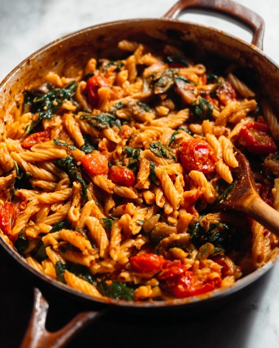 Close-up of a one-pot pasta dish with fusilli, cherry tomatoes, and spinach in a creamy sauce.