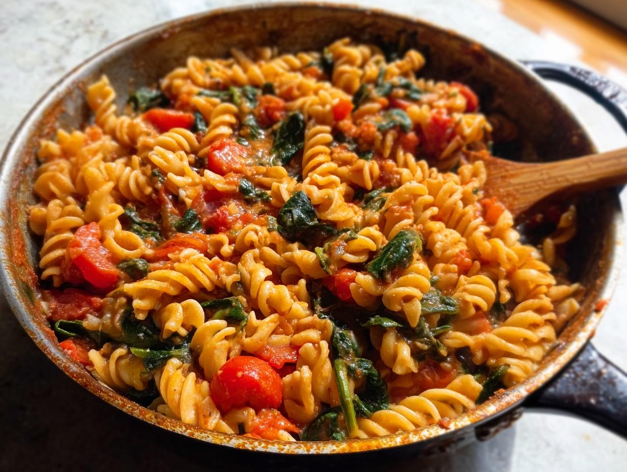 A close-up of a one-pot pasta dish with fusilli pasta, tomatoes, and spinach in a rustic pan.