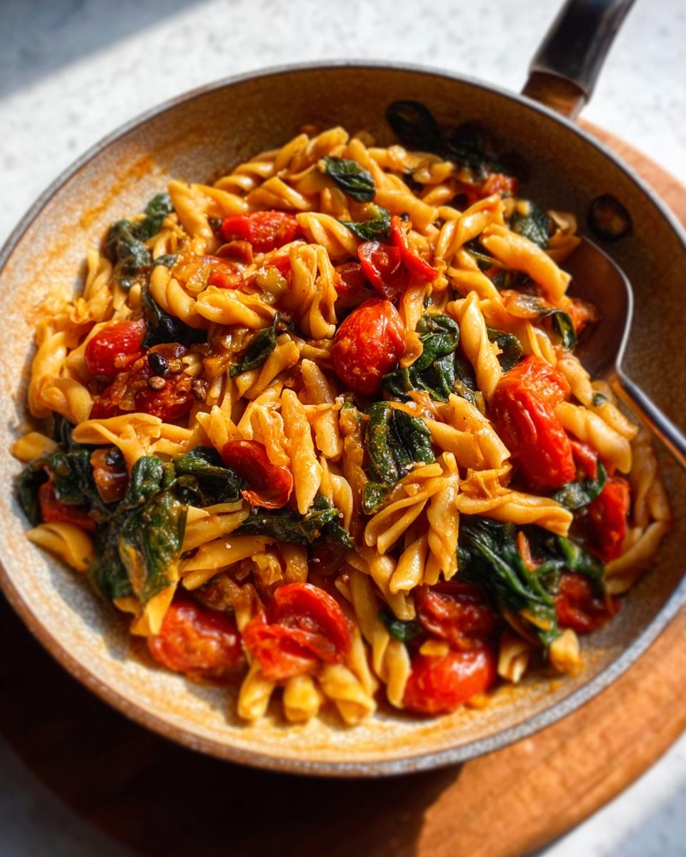 A close-up of a one-pot pasta dish with fusilli, cherry tomatoes, and spinach in a rustic bowl.