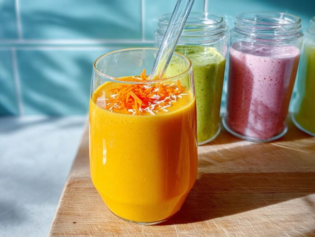 A vibrant orange smoothie in a glass, topped with shredded carrots and coconut, perfect for breakfast ideas in 20 minutes.