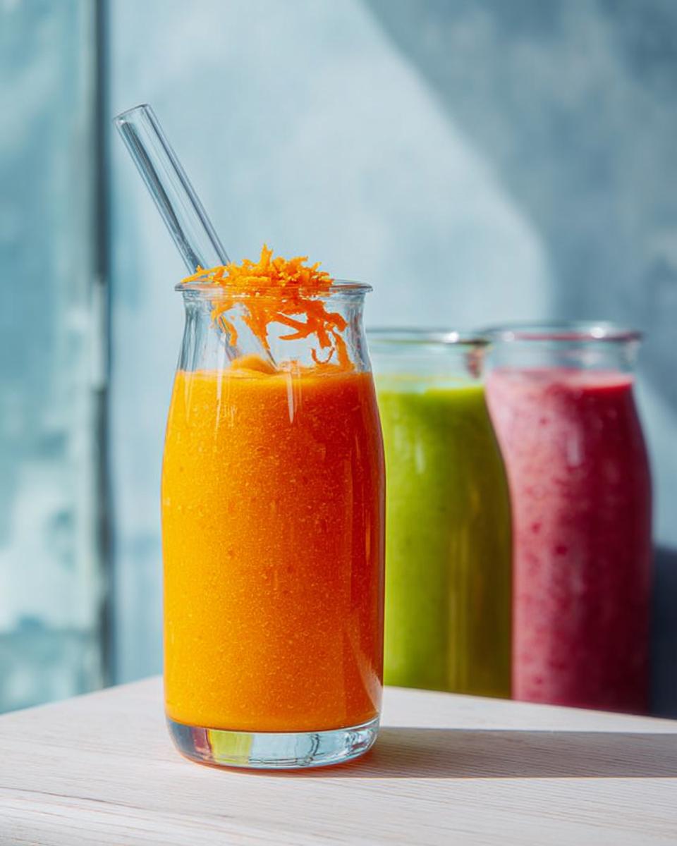 A vibrant orange smoothie in a glass jar, topped with shredded carrots, part of a selection of quick breakfast ideas in 20 minutes.