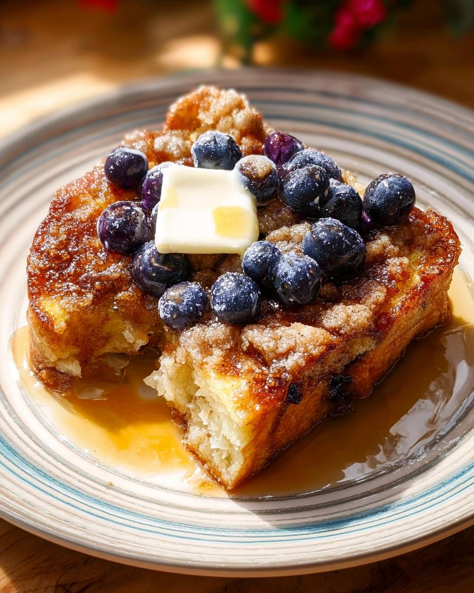 A close-up of a slice of Overnight French Toast Bake topped with fresh blueberries, butter, and syrup.
