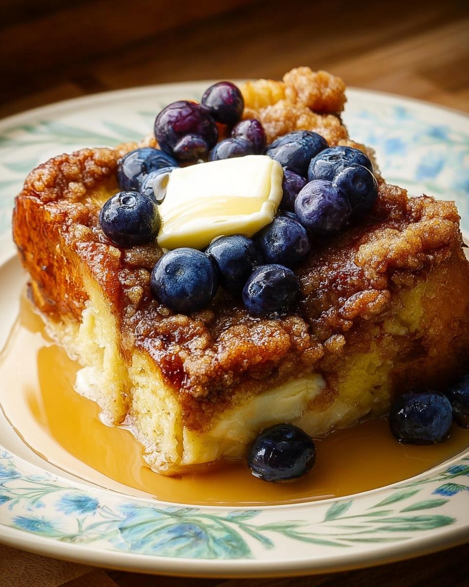 A close-up of a slice of Overnight French Toast Bake topped with butter, fresh blueberries, and syrup.
