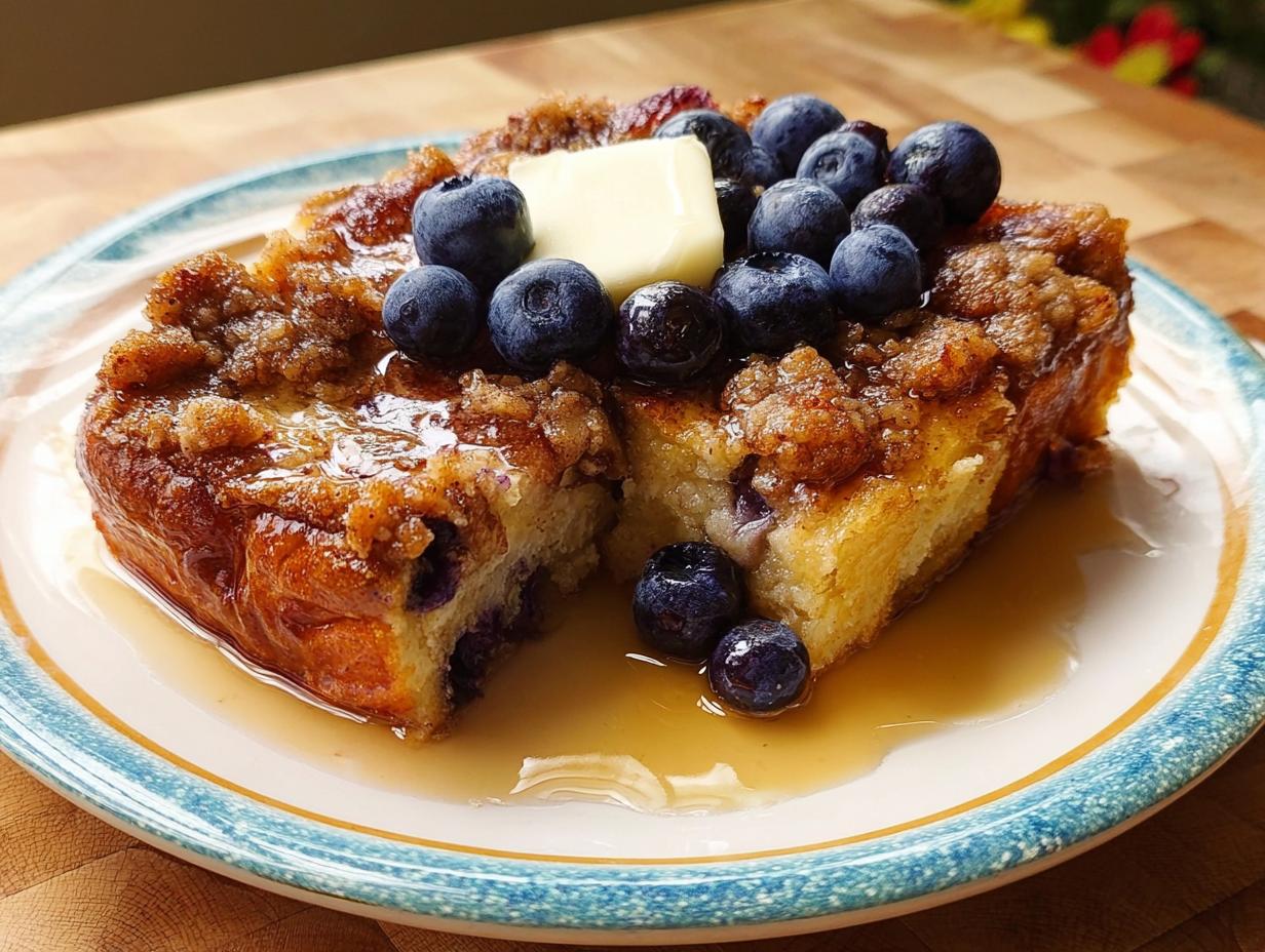 A slice of Overnight French Toast Bake topped with a pat of butter, fresh blueberries, and syrup.