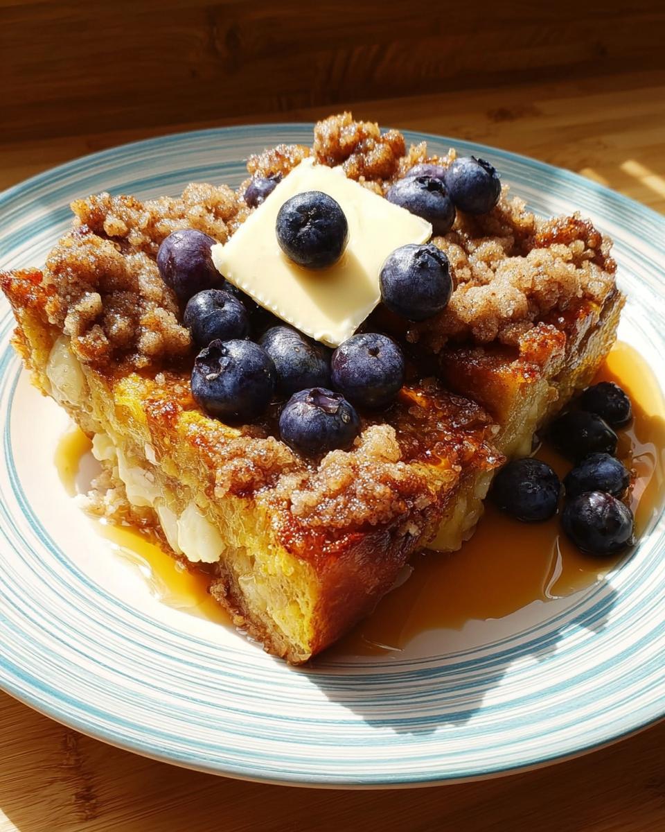 A thick slice of Overnight French Toast Bake topped with streusel, fresh blueberries, butter, and maple syrup.