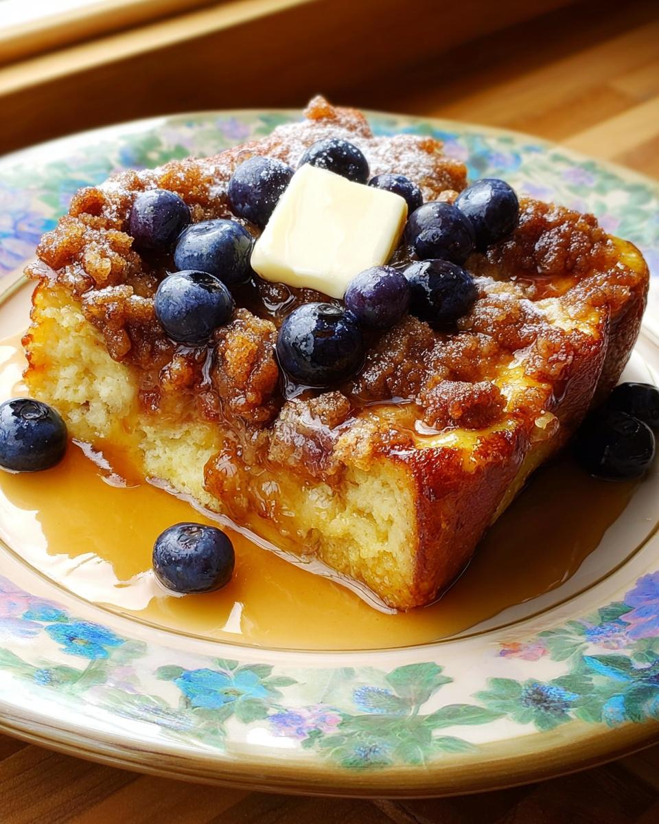 A thick slice of Overnight French Toast Bake topped with cinnamon crumble, fresh blueberries, butter, and syrup.