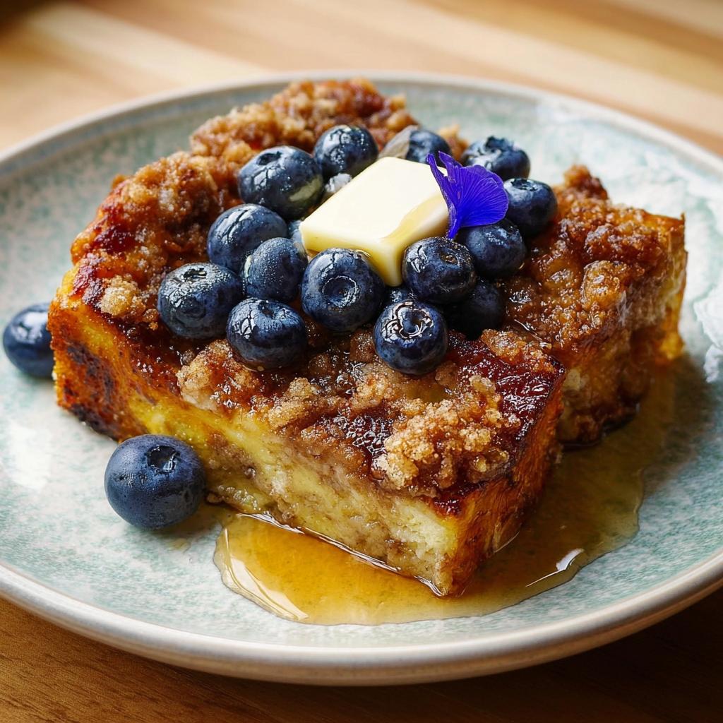 A thick slice of Overnight French Toast Bake topped with brown sugar crumble, fresh blueberries, butter, and syrup.