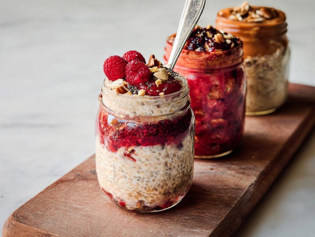 Three jars of overnight oats, layered with fruit and nuts, perfect for Dinner Ideas for Busy Weeknights.