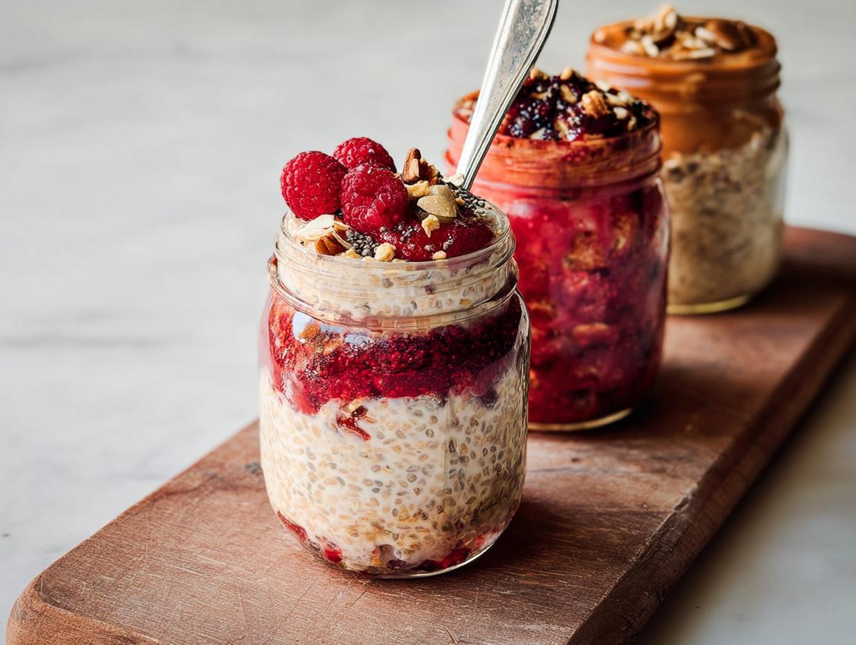Three jars of overnight oats, layered with fruit and nuts, perfect for Dinner Ideas for Busy Weeknights.