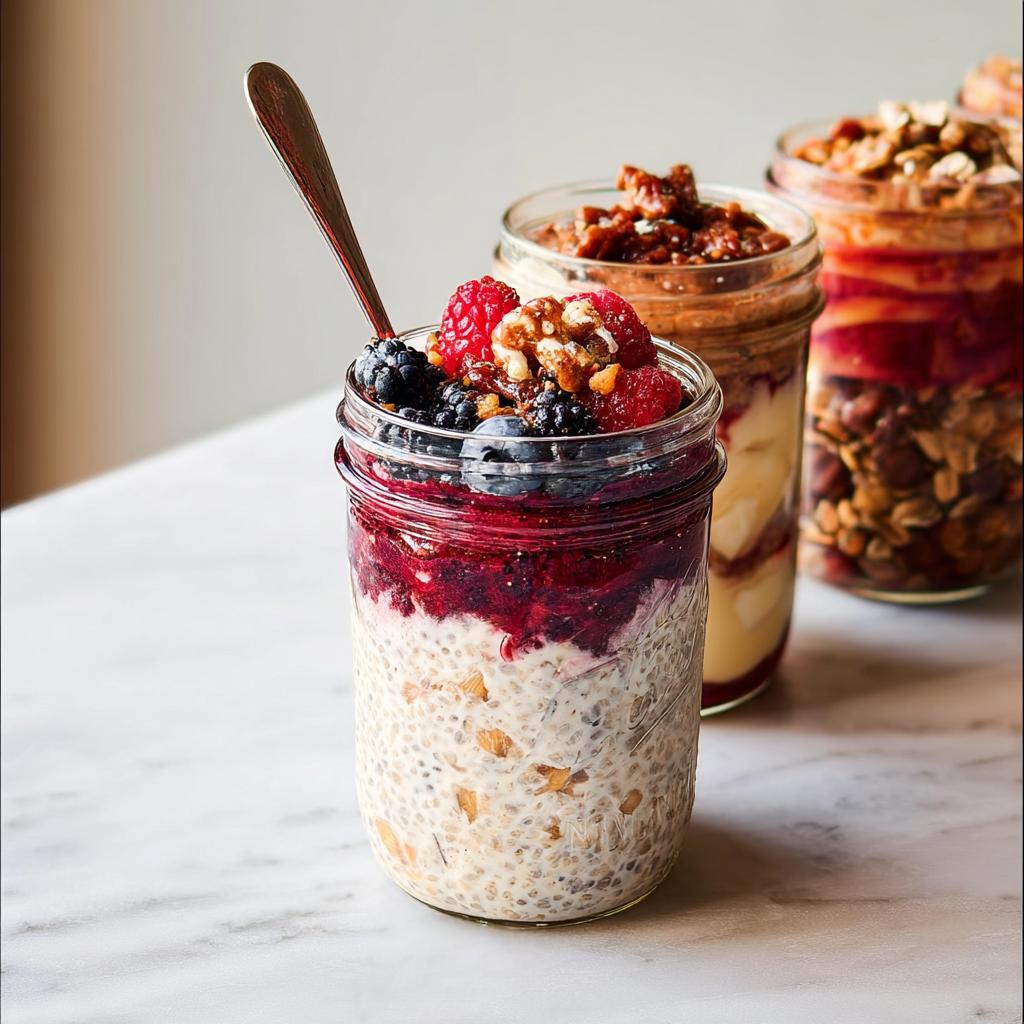 Overnight oats in a mason jar topped with berries and nuts, perfect for dinner ideas for busy weeknights.