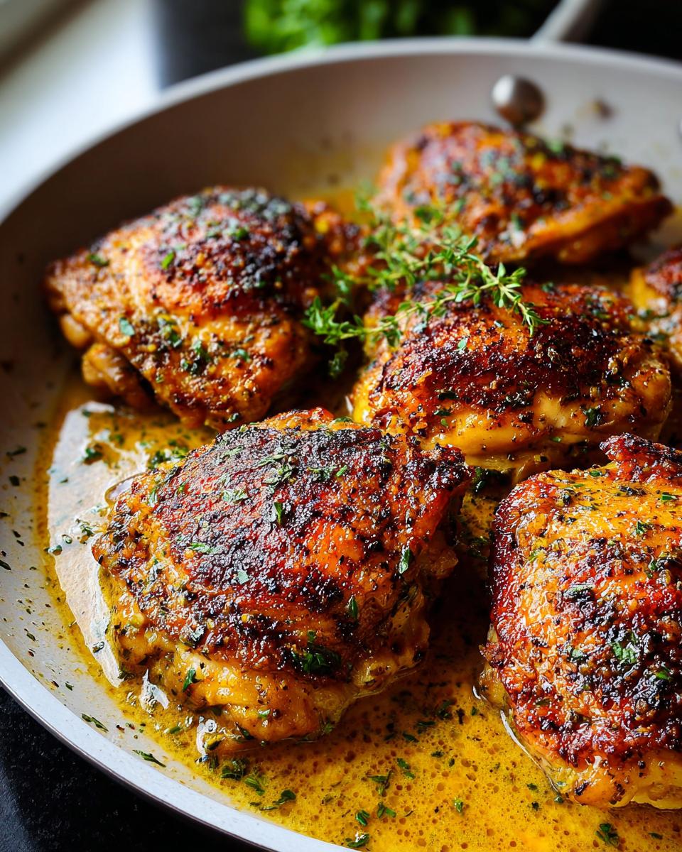 Close-up of perfectly pan-seared chicken thighs in a skillet, glistening with sauce and herbs, part of quick chicken thigh recipes.