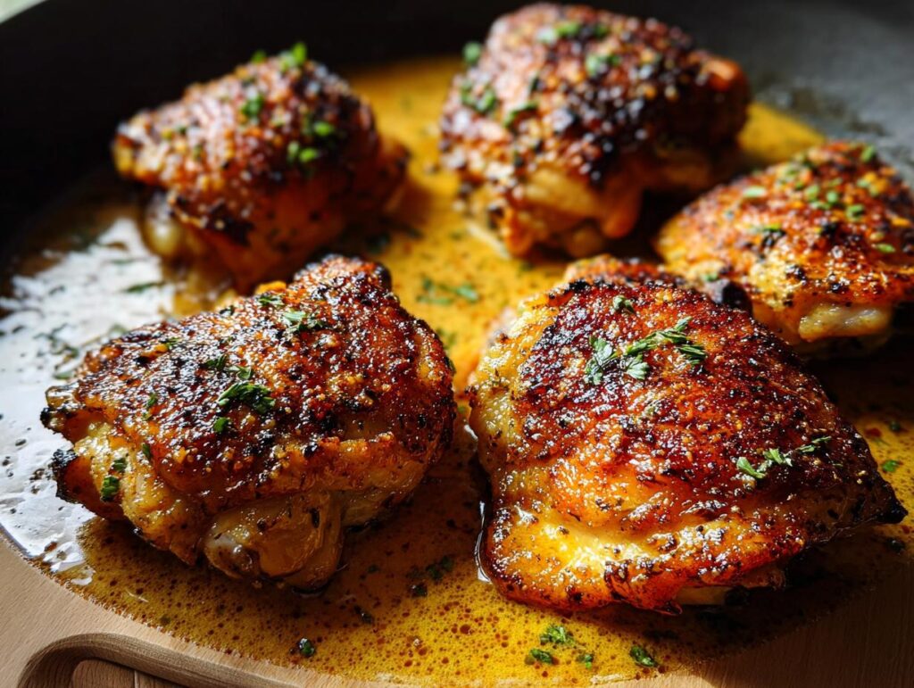 Close-up of perfectly pan-seared chicken thighs with crispy skin, glistening in a savory sauce, garnished with herbs.