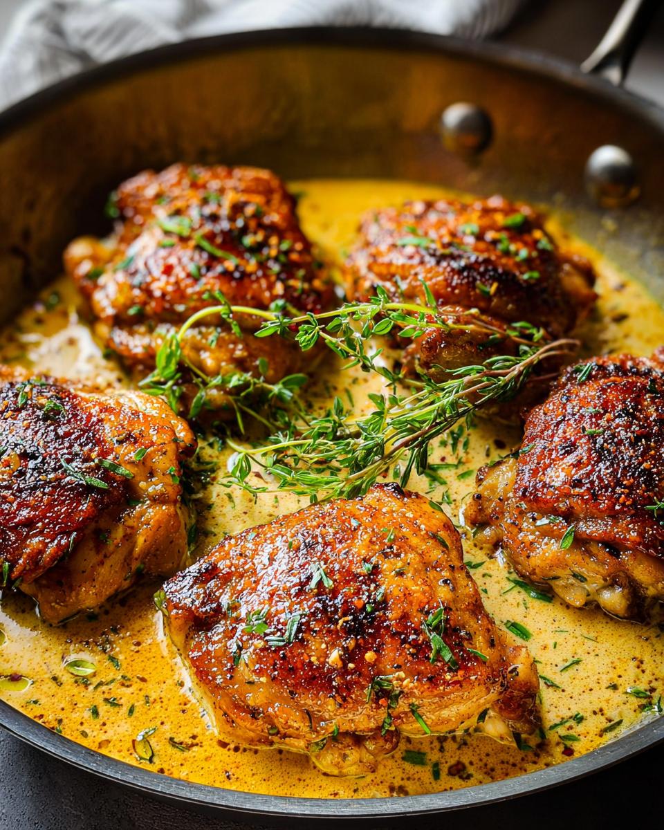 Close-up of pan-seared chicken thighs in a creamy sauce, garnished with fresh thyme, part of our 20-minute chicken thigh recipes.
