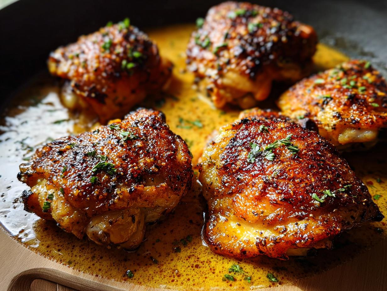 Close-up of perfectly pan-seared chicken thighs with crispy skin, glistening in a savory sauce, garnished with herbs.