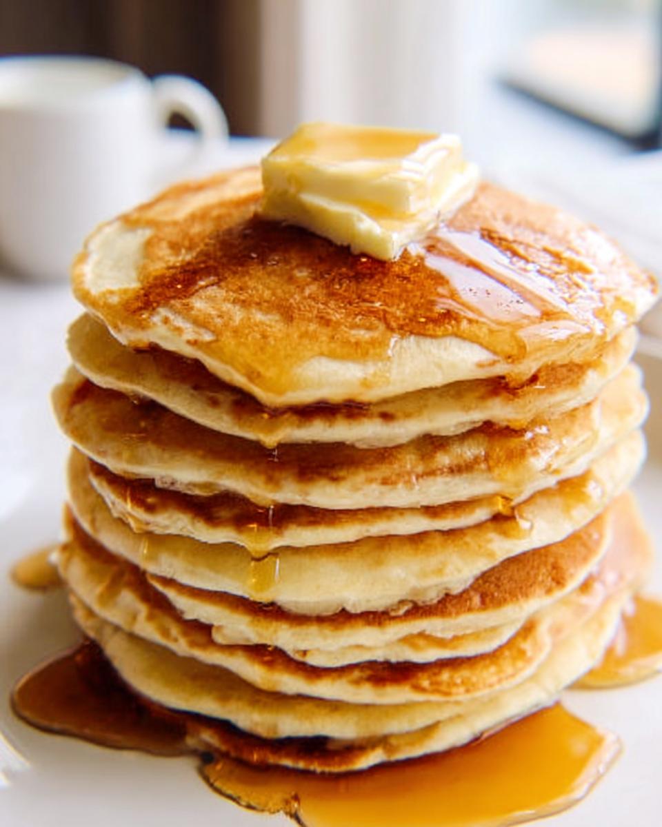 A tall stack of fluffy pancakes topped with a pat of melting butter and drizzled with golden syrup, perfect for 5-Ingredient Breakfast Ideas.