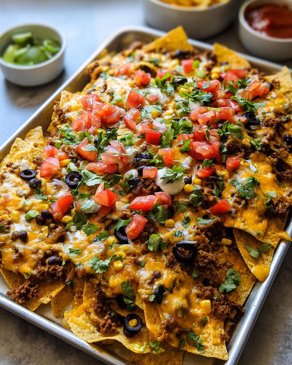 A large sheet pan filled with fully loaded Sheet Pan Nachos, covered in melted cheese, ground beef, tomatoes, and cilantro.