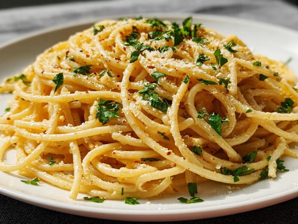 Close-up of a plate piled high with spaghetti, a classic pasta recipe everyone asks for, garnished with parsley and cheese.