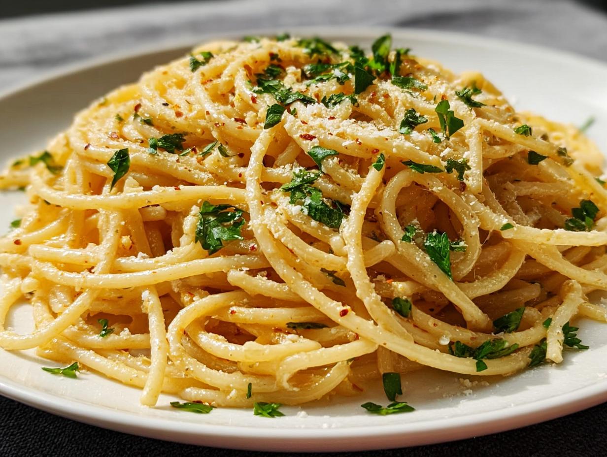 Close-up of a plate piled high with spaghetti, a classic pasta recipe everyone asks for, garnished with parsley and cheese.