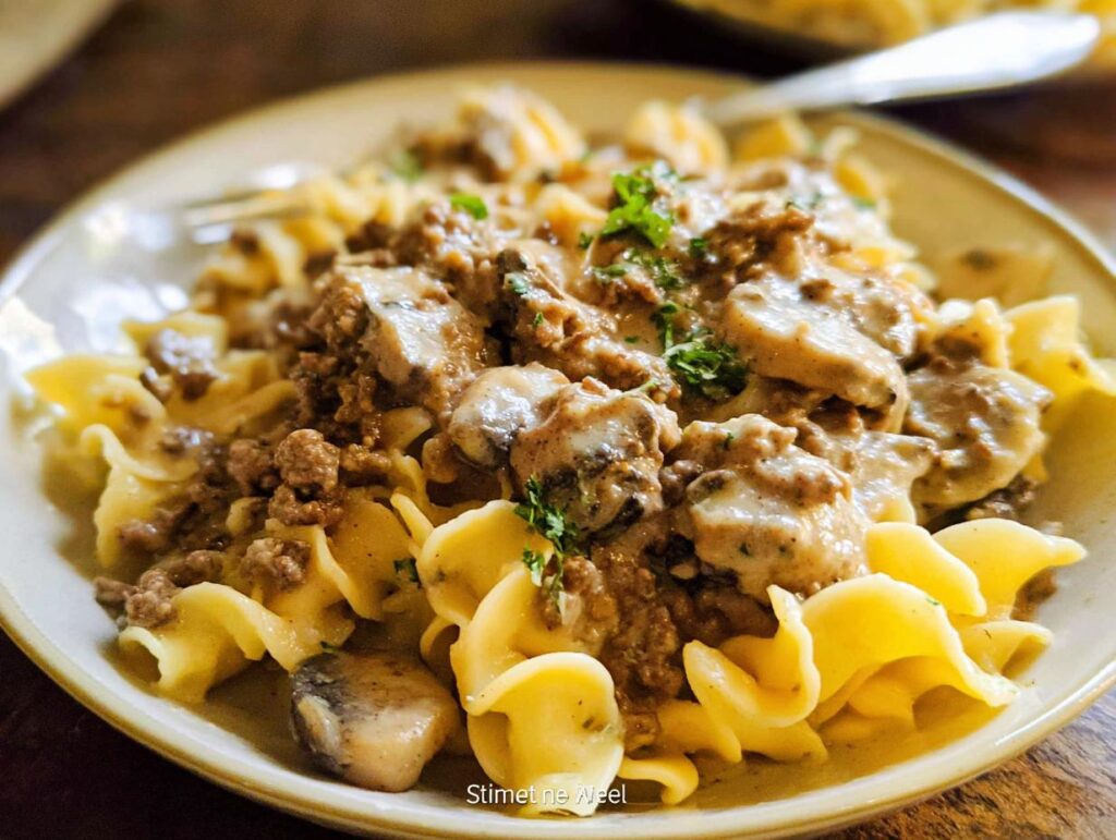 Close-up of egg noodles mixed with ground meat and mushrooms in a creamy sauce, not Beef Enchilada Casserole.