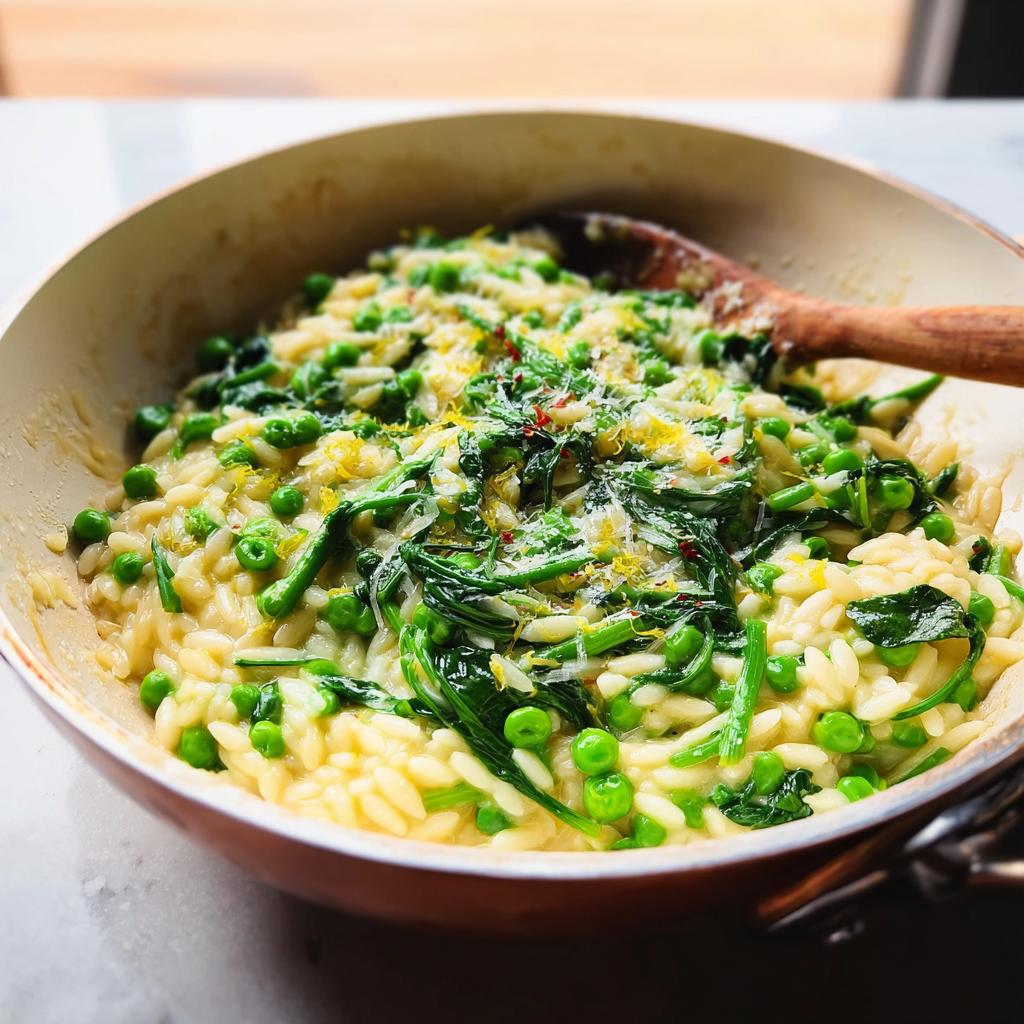A close-up of creamy pea and spinach risotto, a perfect quick dinner idea for a weeknight win.