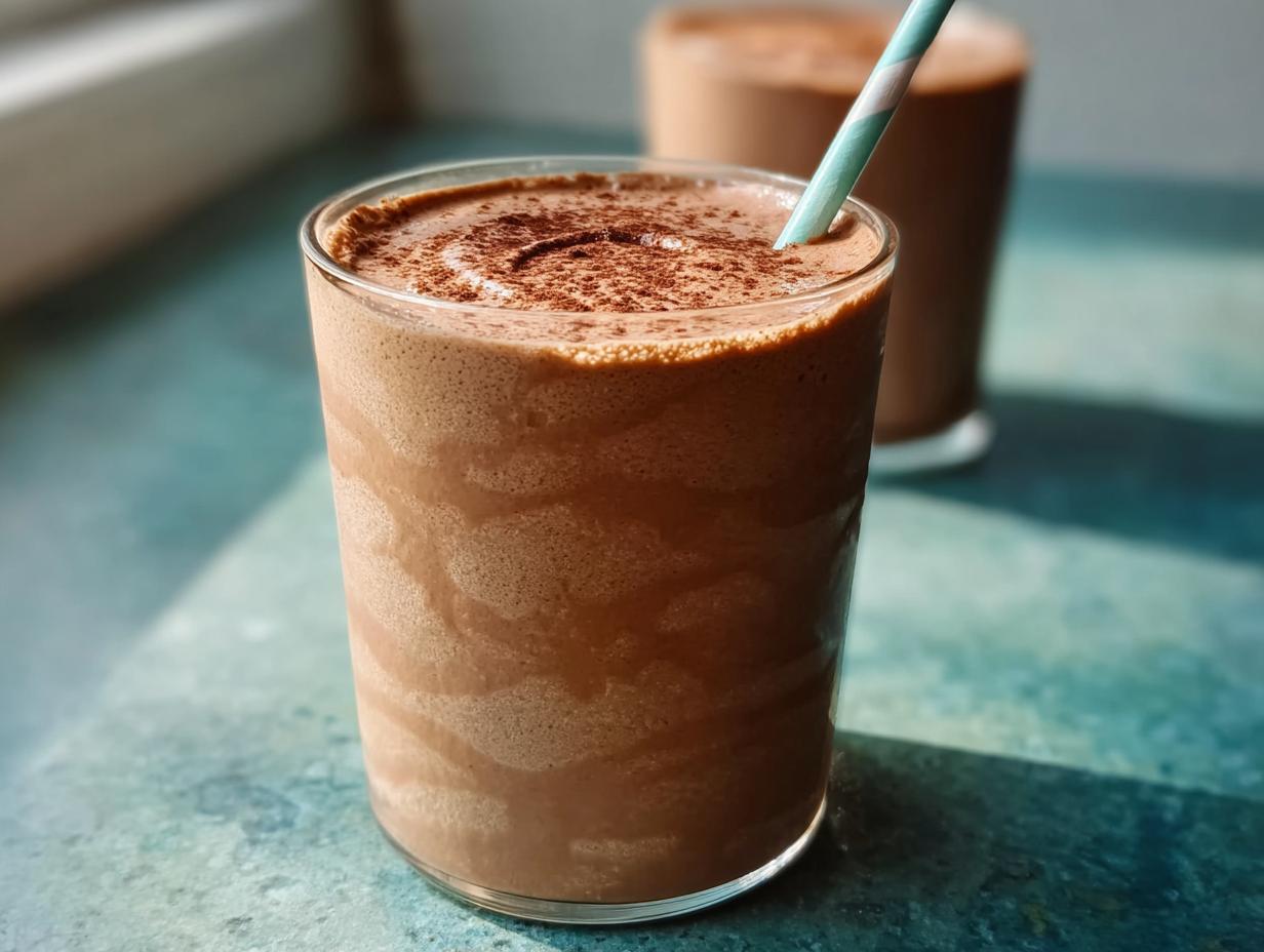 Close-up of a thick, chocolate Peanut Butter Protein Smoothie topped with cocoa powder and a striped straw.