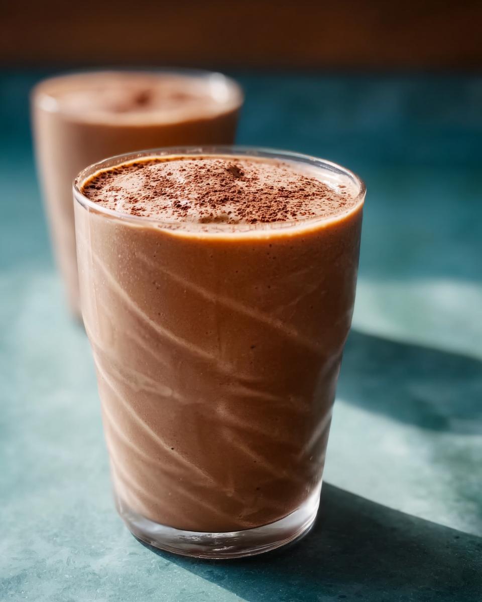 Close-up of a thick, chocolatey Peanut Butter Protein Smoothie topped with cocoa powder.