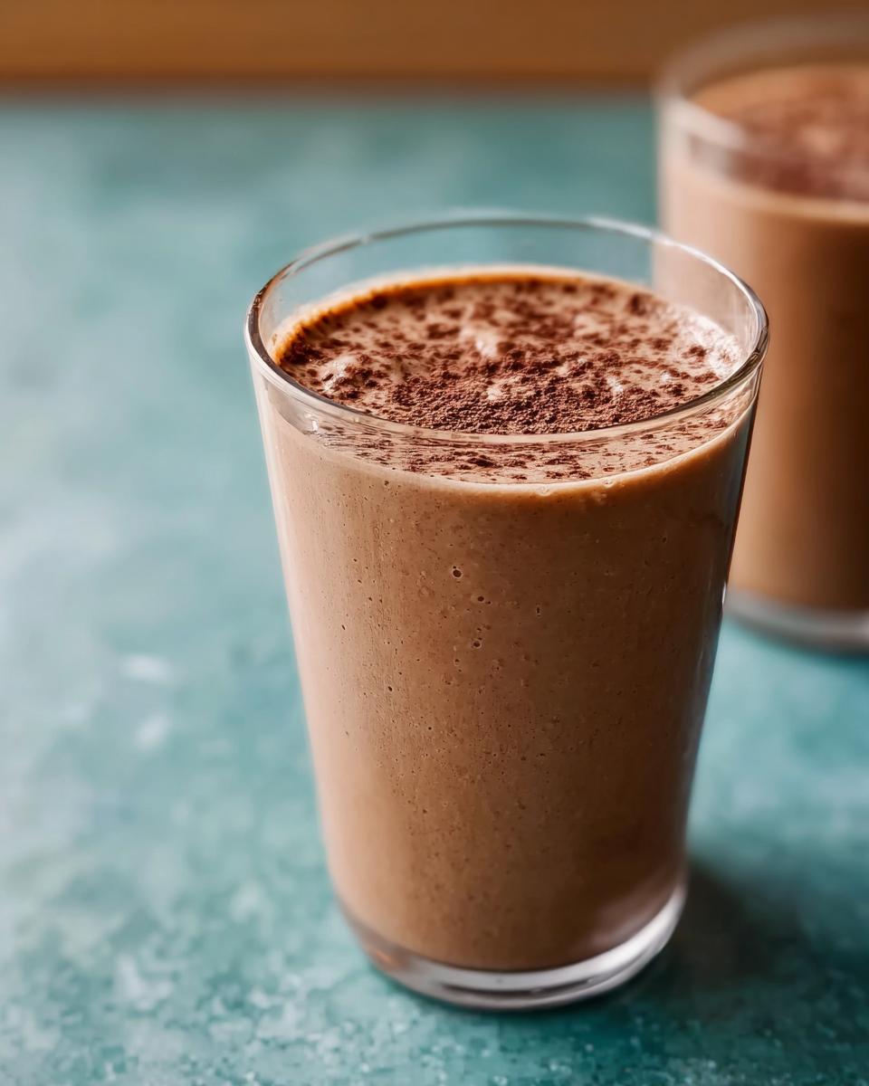 Close-up of a thick, brown Peanut Butter Protein Smoothie topped with cocoa powder.