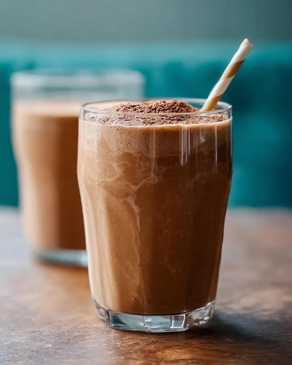 Close-up of a thick, chocolate-colored Peanut Butter Protein Smoothie topped with cocoa powder and a striped straw.
