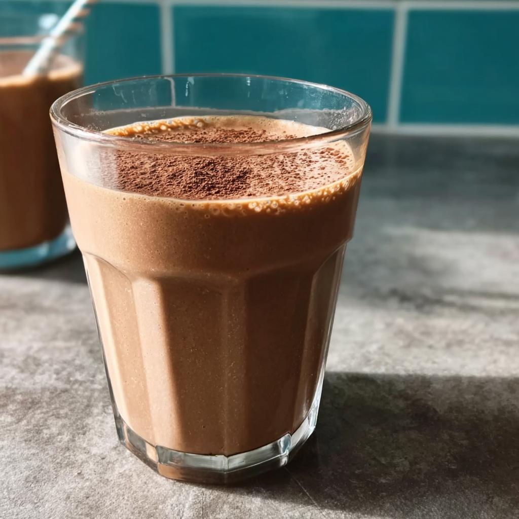 Close-up of a thick, brown Peanut Butter Protein Smoothie topped with a dusting of cocoa powder.