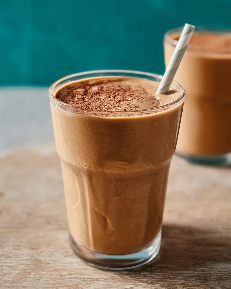 Close-up of a thick, creamy Peanut Butter Protein Smoothie topped with cocoa powder and a striped straw.