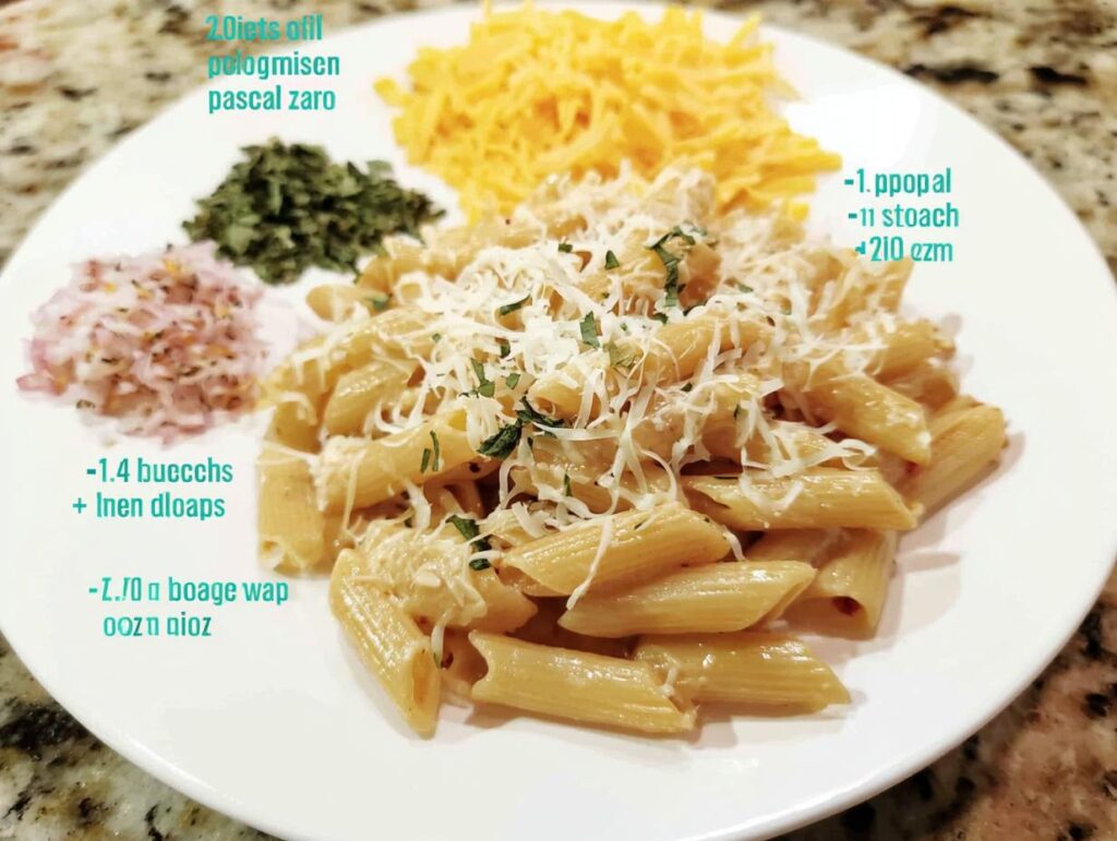 A plate of penne pasta topped with shredded cheese and fresh herbs, served with chopped onions and grated cheese on the side. Part of the Ultimate Pasta Recipes Guide.