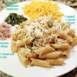 A plate of penne pasta topped with shredded cheese and fresh herbs, served with chopped onions and grated cheese on the side. Part of the Ultimate Pasta Recipes Guide.