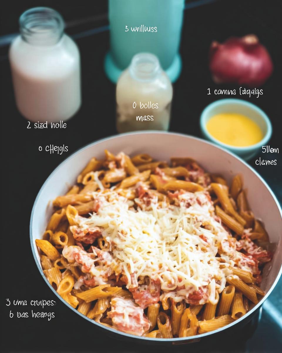 Close-up of penne pasta in a white pot, topped with tomato sauce and shredded cheese. Ingredients are visible in the background.