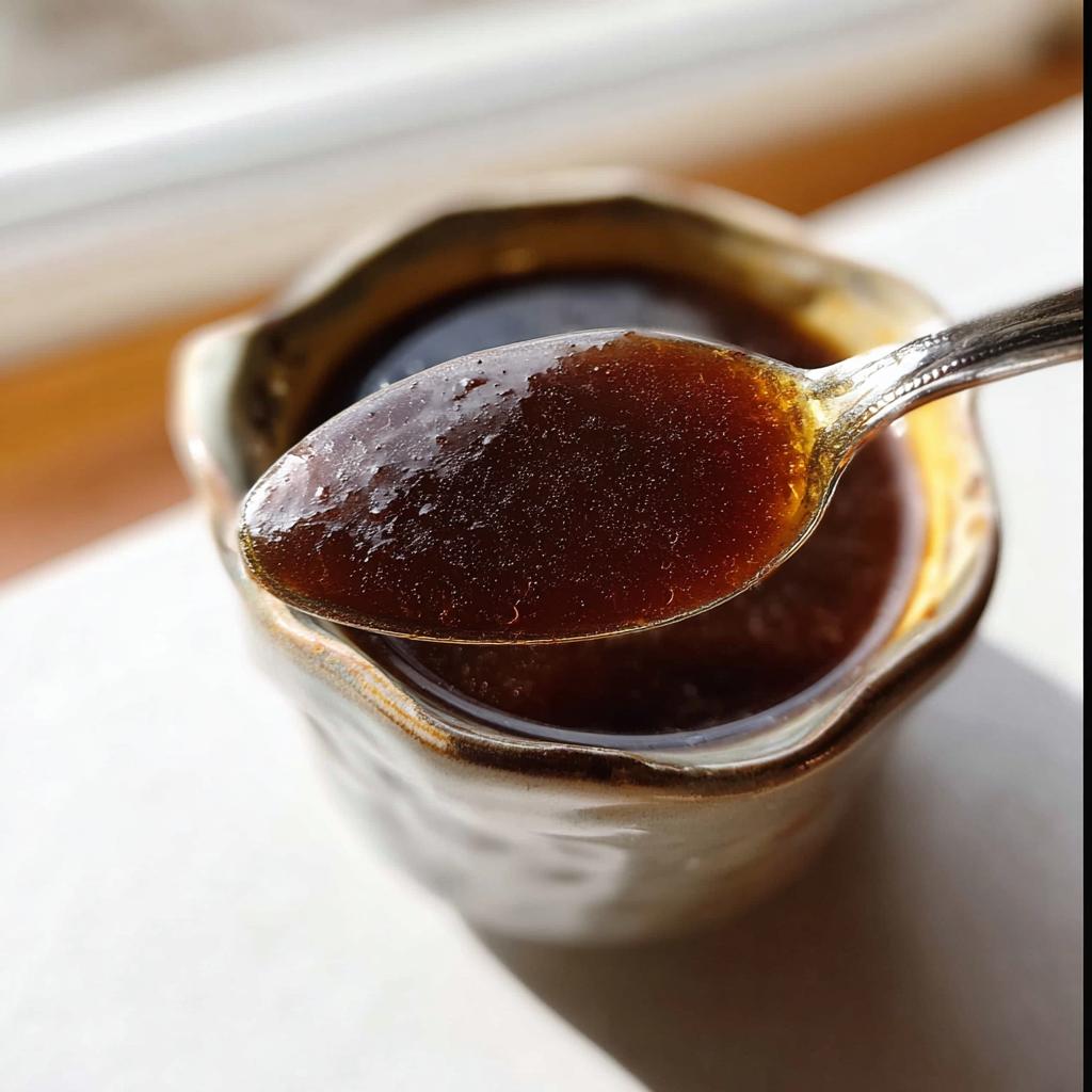 Close-up of a spoonful of rich, dark brown Au Jus Recipe being lifted from a small ceramic pitcher.