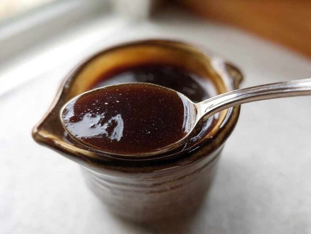 Close-up of a spoonful of rich, dark brown Au Jus Recipe liquid being lifted from a small ceramic pitcher.