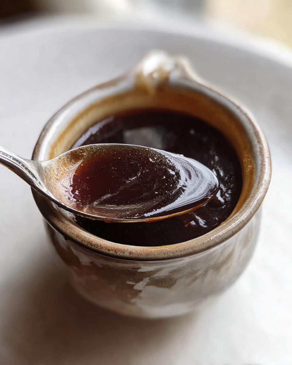 Close-up of a spoonful of rich, dark brown Au Jus Recipe being lifted from a small ceramic gravy boat.