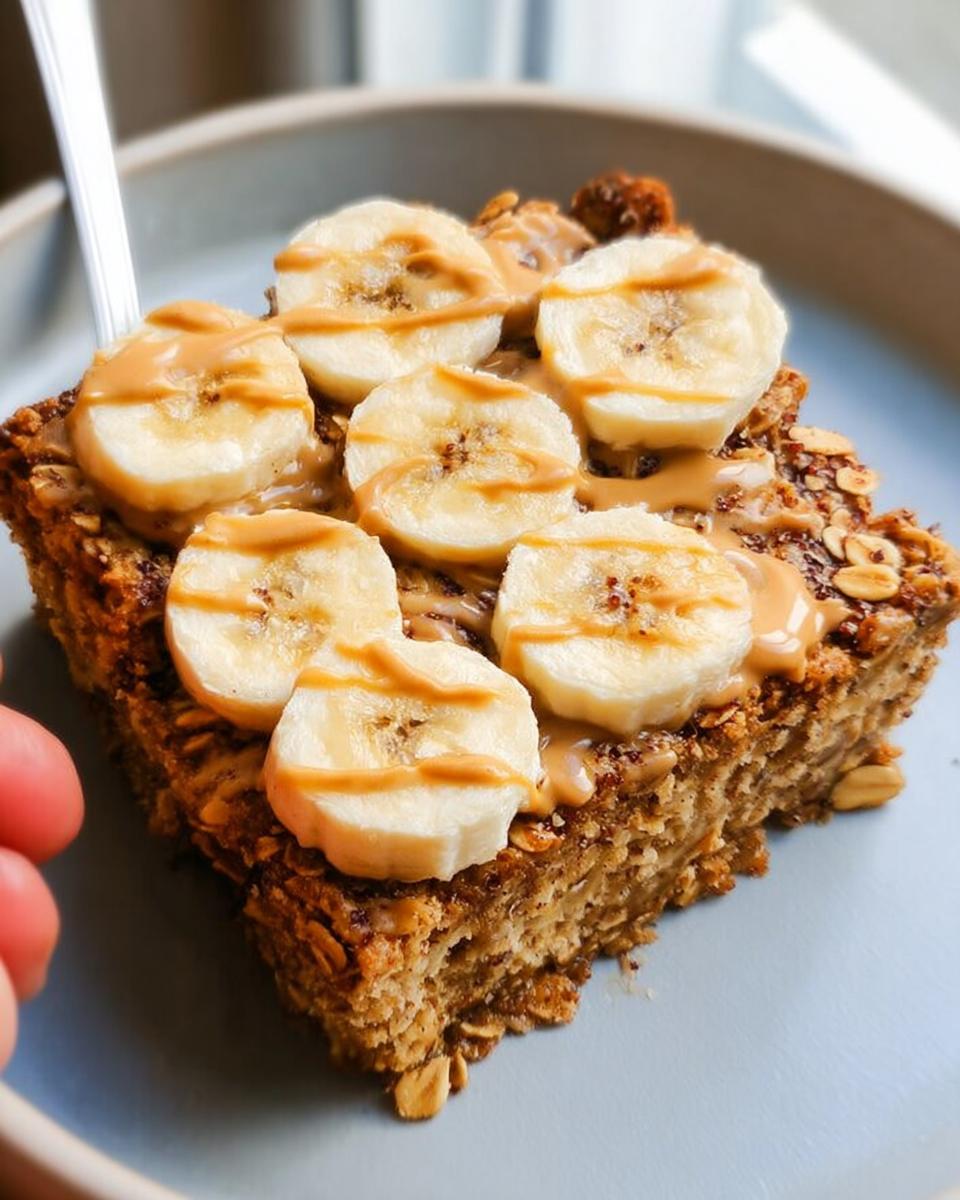 A slice of baked oatmeal topped with banana slices and drizzled with peanut butter, perfect for breakfast ideas.
