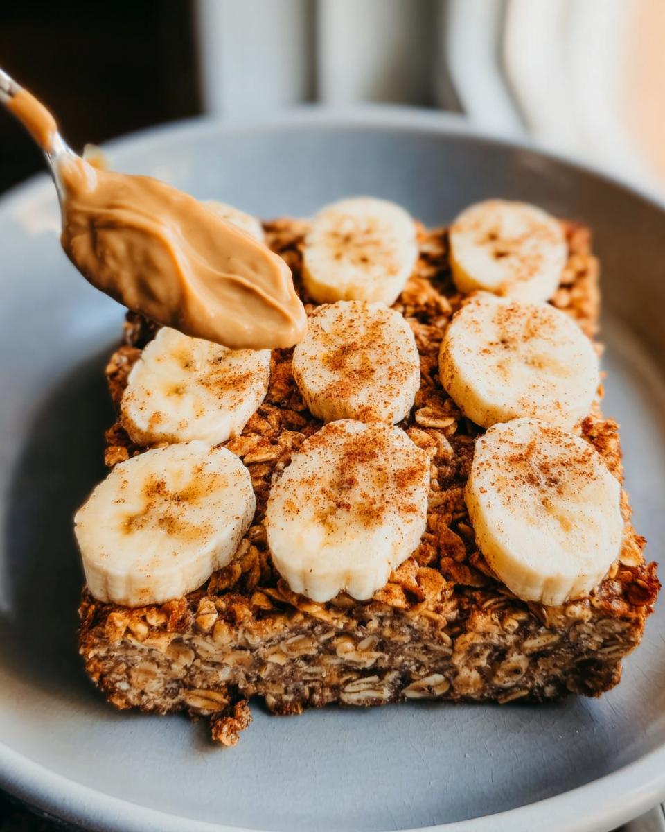 A slice of baked oatmeal topped with banana slices and cinnamon, with peanut butter being added from a spoon.