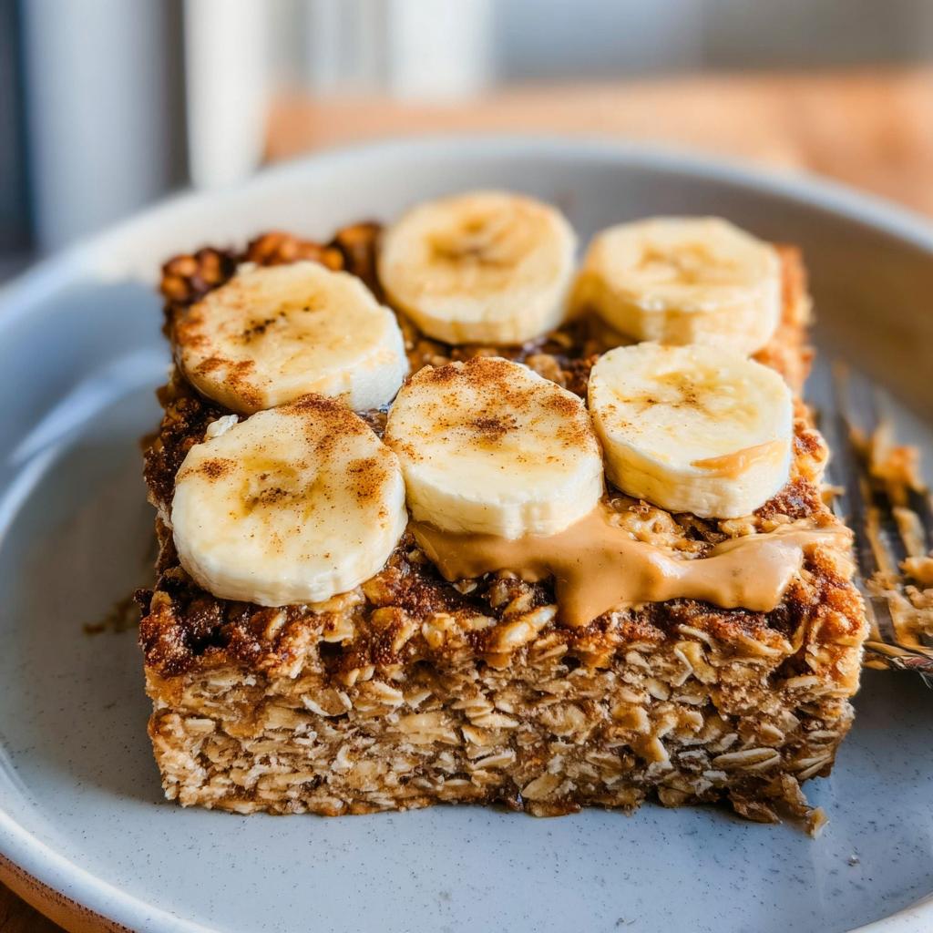 A slice of baked oatmeal topped with banana slices, cinnamon, and a drizzle of peanut butter.