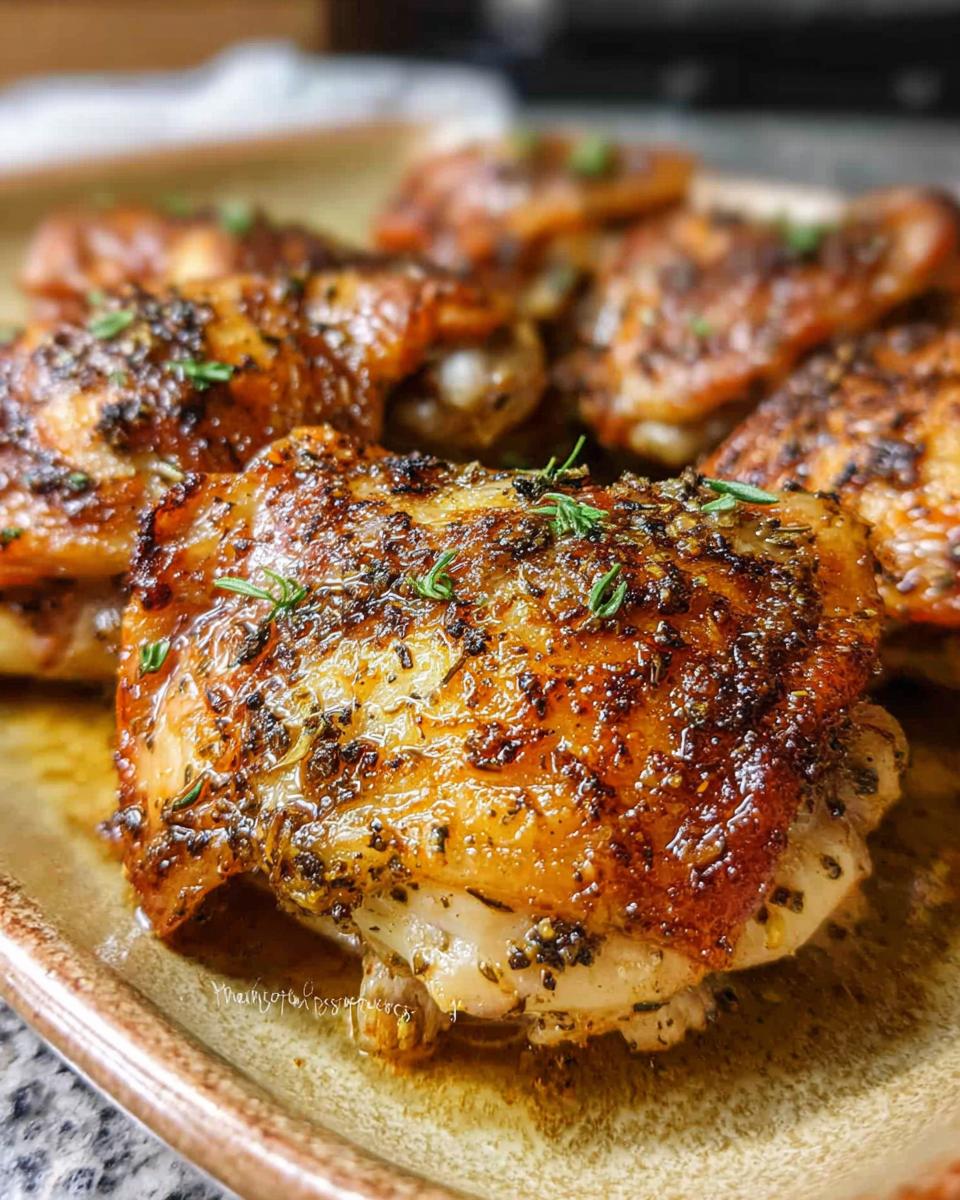 Close-up of perfectly cooked chicken thighs seasoned with herbs and spices on a platter.