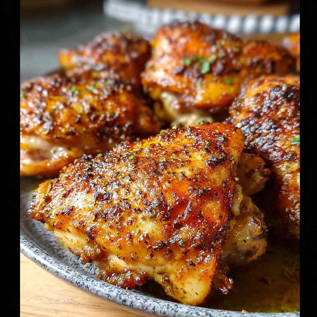 Close-up of perfectly cooked, crispy chicken thighs seasoned with herbs and spices, a key element in perfect chicken thigh recipes.